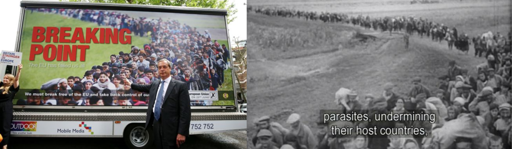 Image 1: Nigel Farage presenting his anti-immigration billboard (left) and Nazi propaganda movie (right)