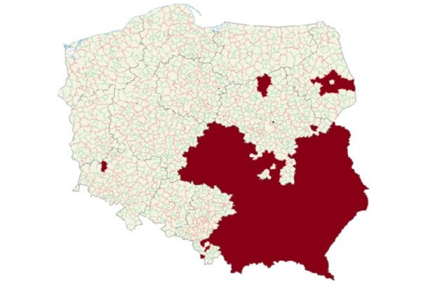 Image 5- Map of Poland, with the LGBT ideology-free zones in red. Almost a third of the country territory has declared these statements