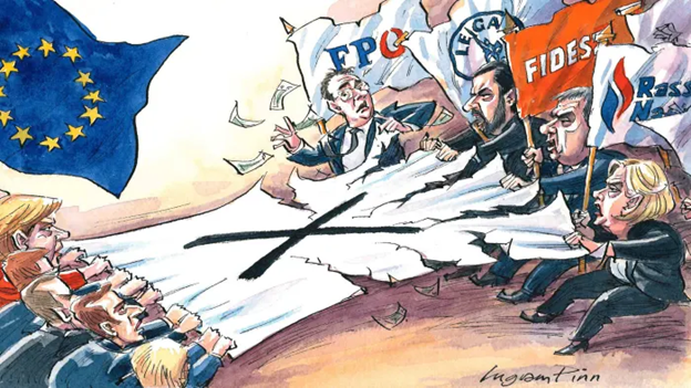 Cartoon representing the battle for citizen’s vote between pro-Euro and anti-Euro parties in Europe.