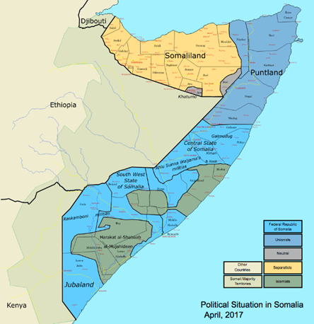 Map of the faction division in Somalia, as of 2017